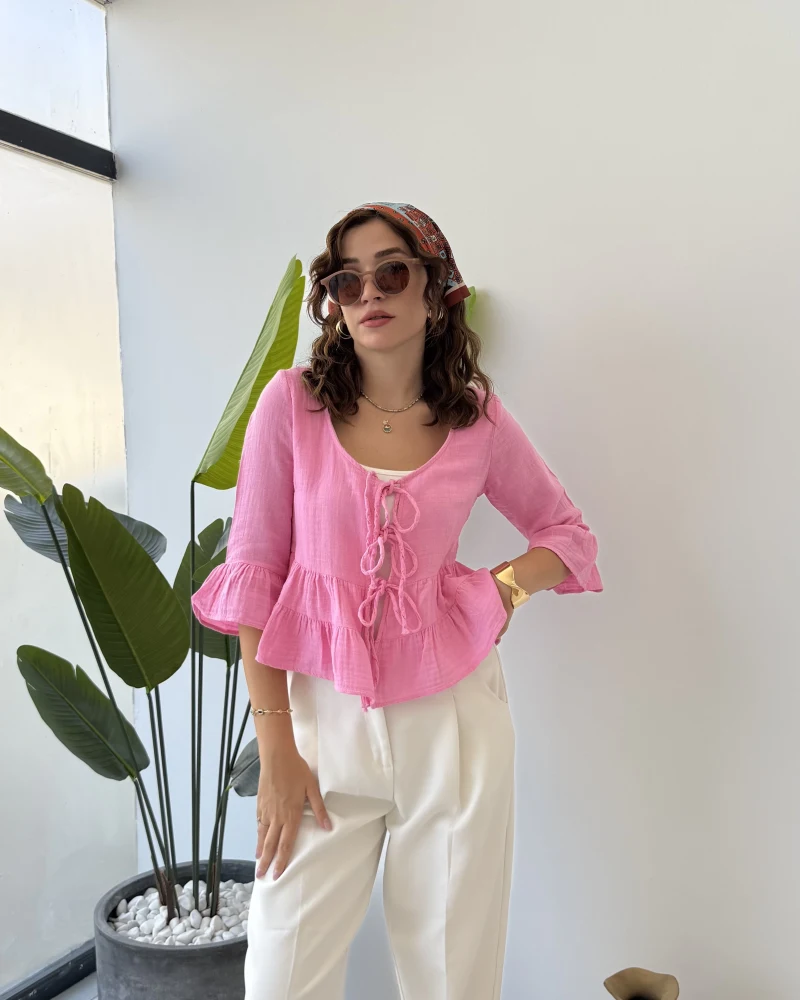 1013 - Seren Katlı Bağlamalı Bluz - Şeker Pembesi