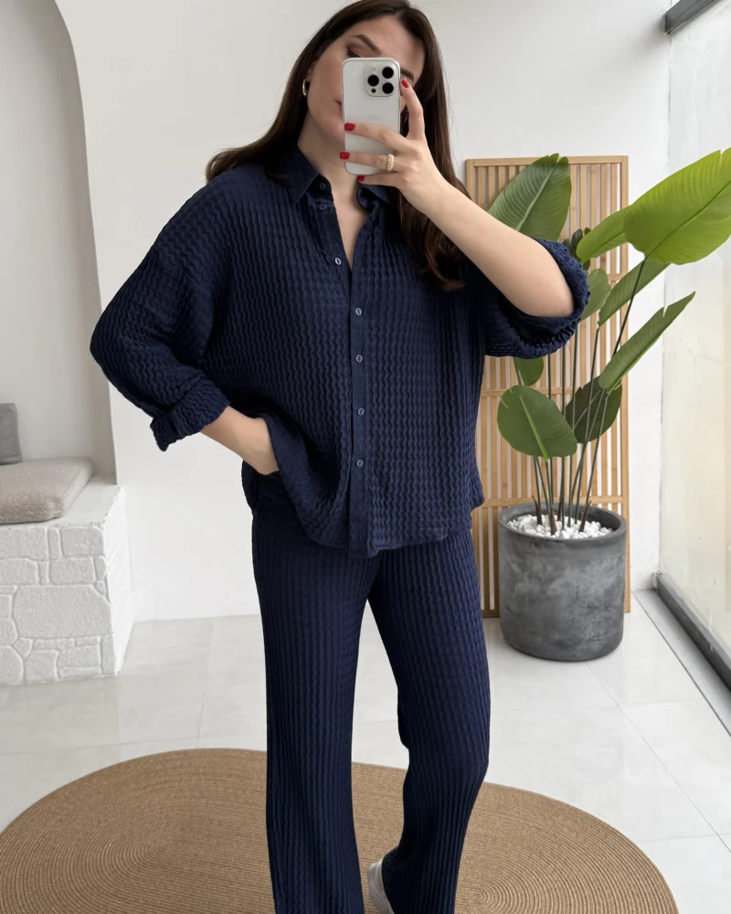 Waffle Kumaş Gömlek-Pantolon Takım - Lacivert - Kod: 6042