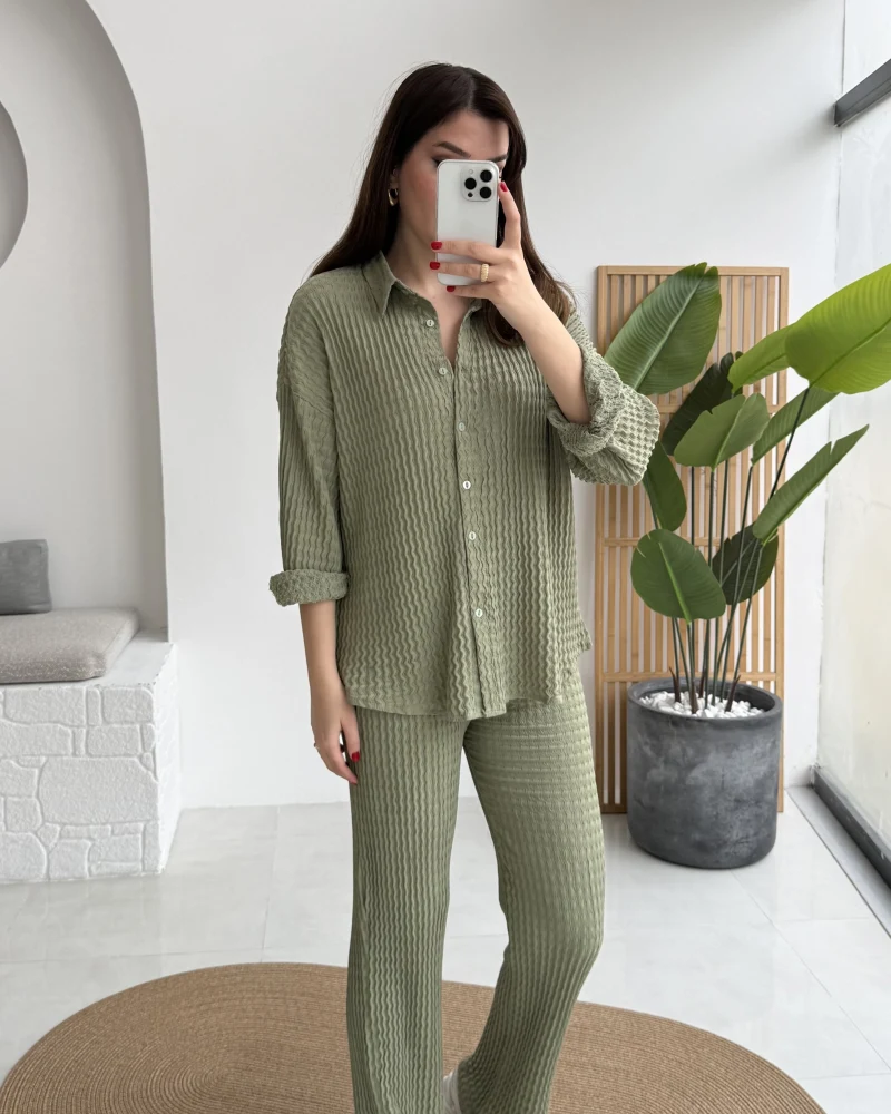 Waffle Kumaş Gömlek-Pantolon Takım - Çağla Yeşili - Kod: 6042