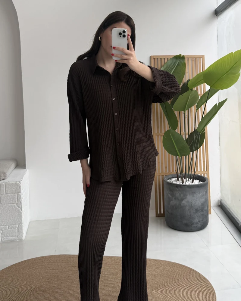 Waffle Kumaş Gömlek-Pantolon Takım - Kahverengi - Kod: 6042