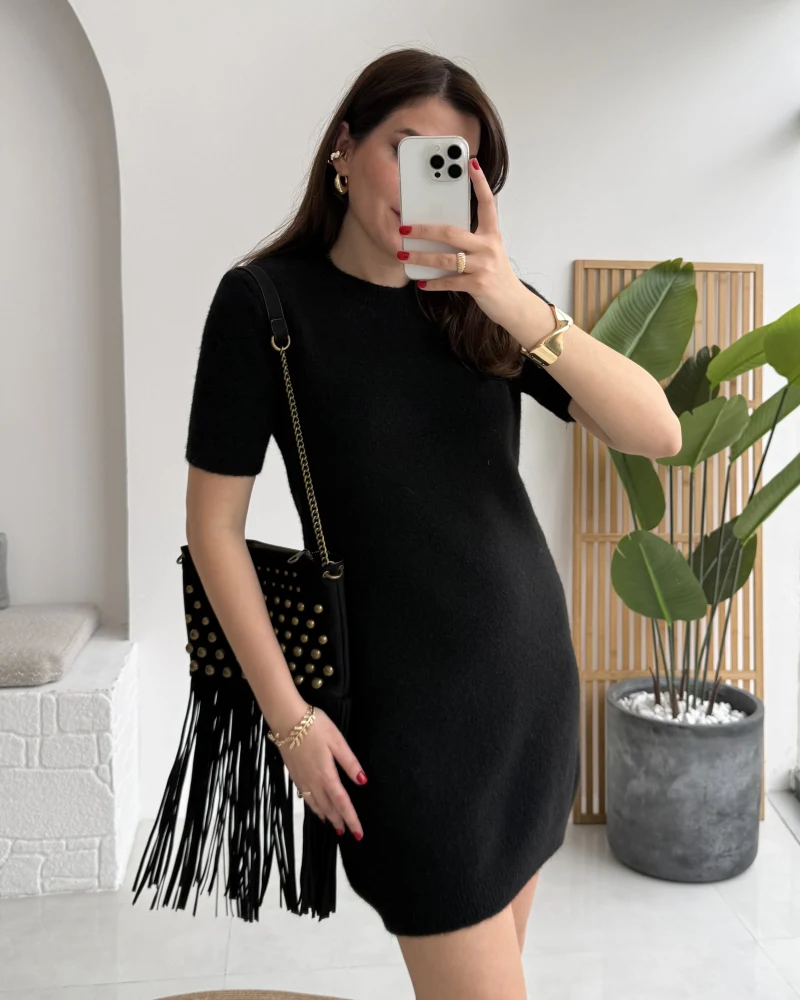 Ingrid Yarım Kol Mini Elbise - Siyah - Kod: 90257