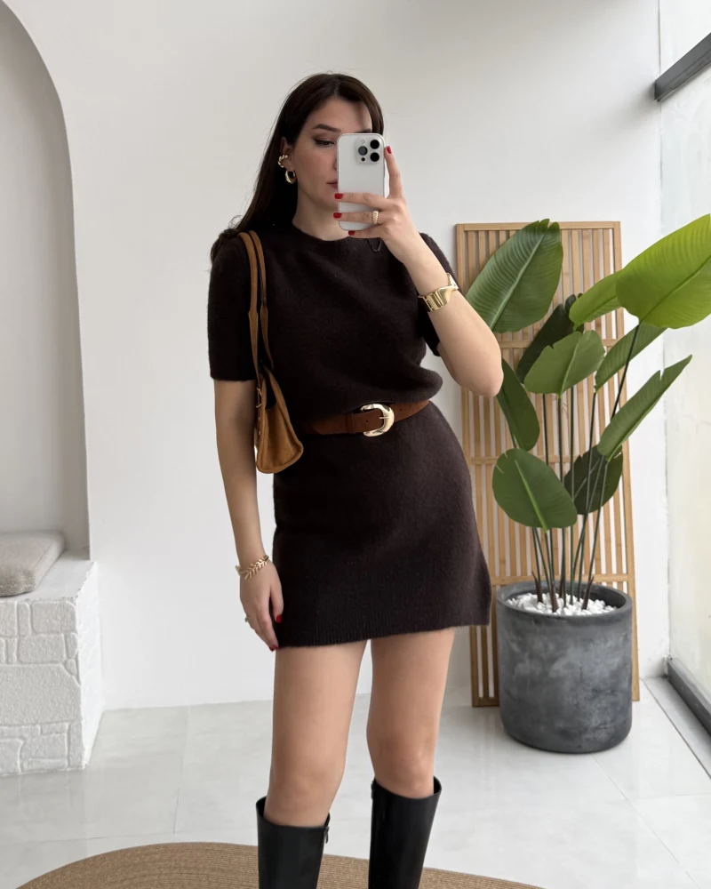 Ingrid Yarım Kol Mini Elbise - Acı Kahve - Kod: 90257