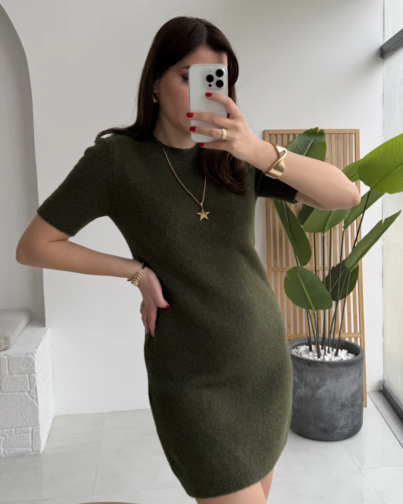 Ingrid Yarım Kol Mini Elbise - Haki - Kod: 90257