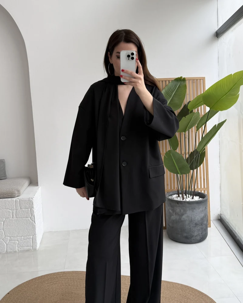 Yuna Fular Detay Bağcıklı Ceket Takım - Siyah - Kod: 6003