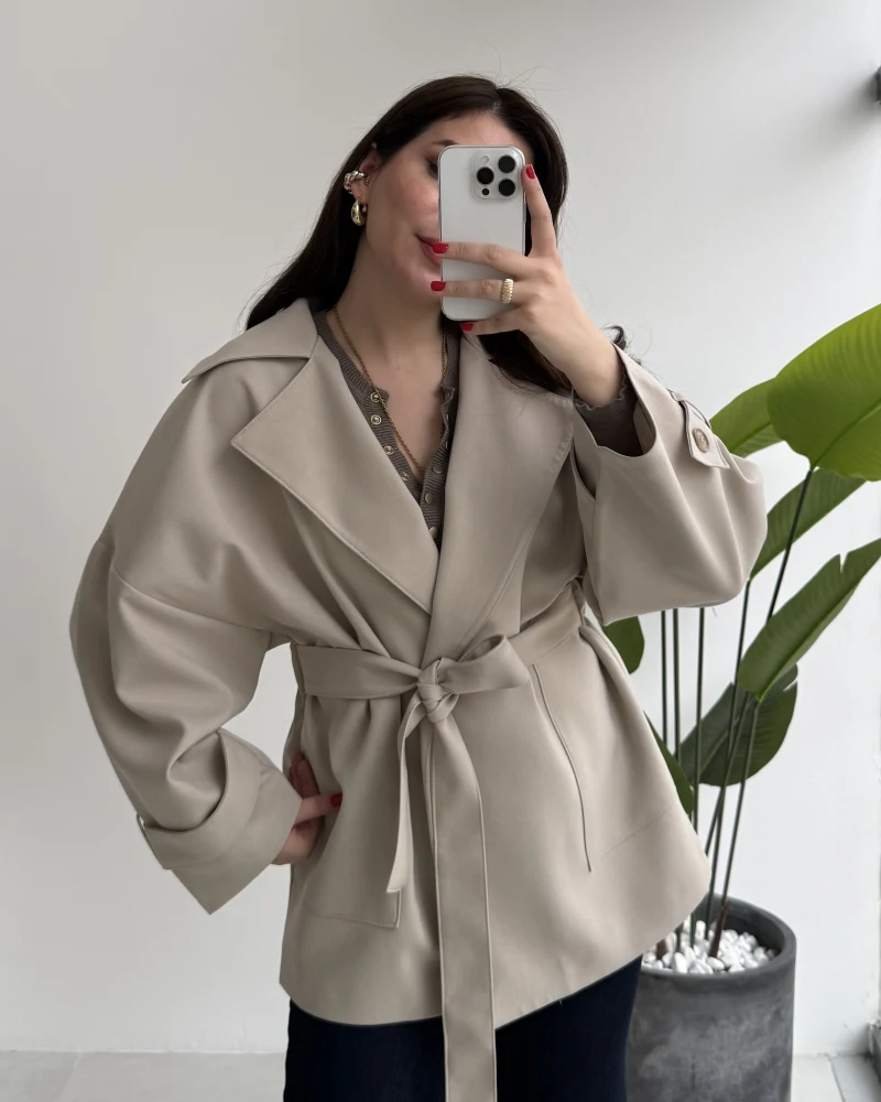 Andres Kemerli Dökümlü Trenç - Taş - Kod: 7658