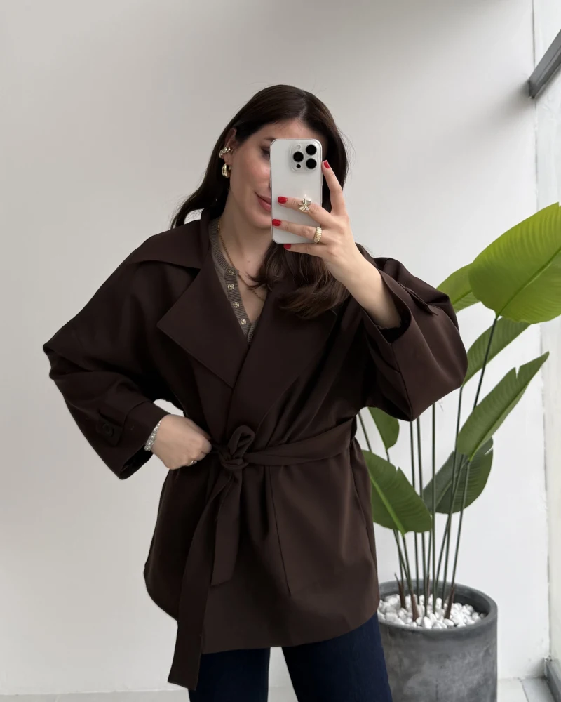 Andres Kemerli Dökümlü Trenç - Acı Kahve - Kod: 7658