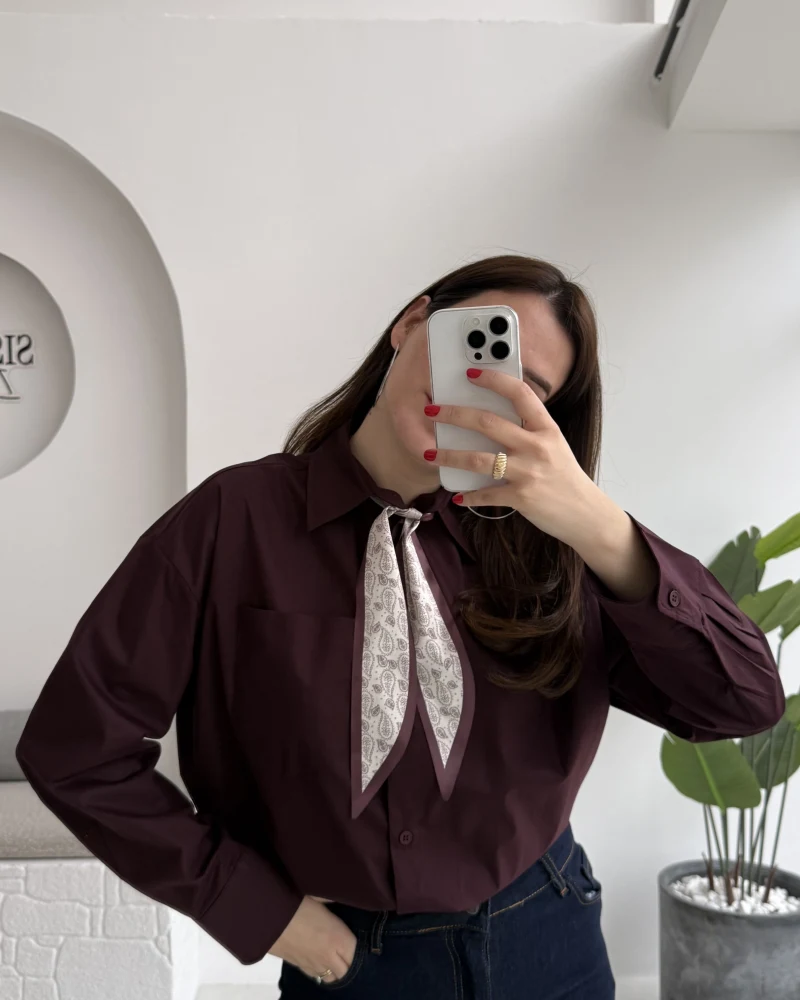 Claire Fularlı Gömlek - Mürdüm - Kod: 5427