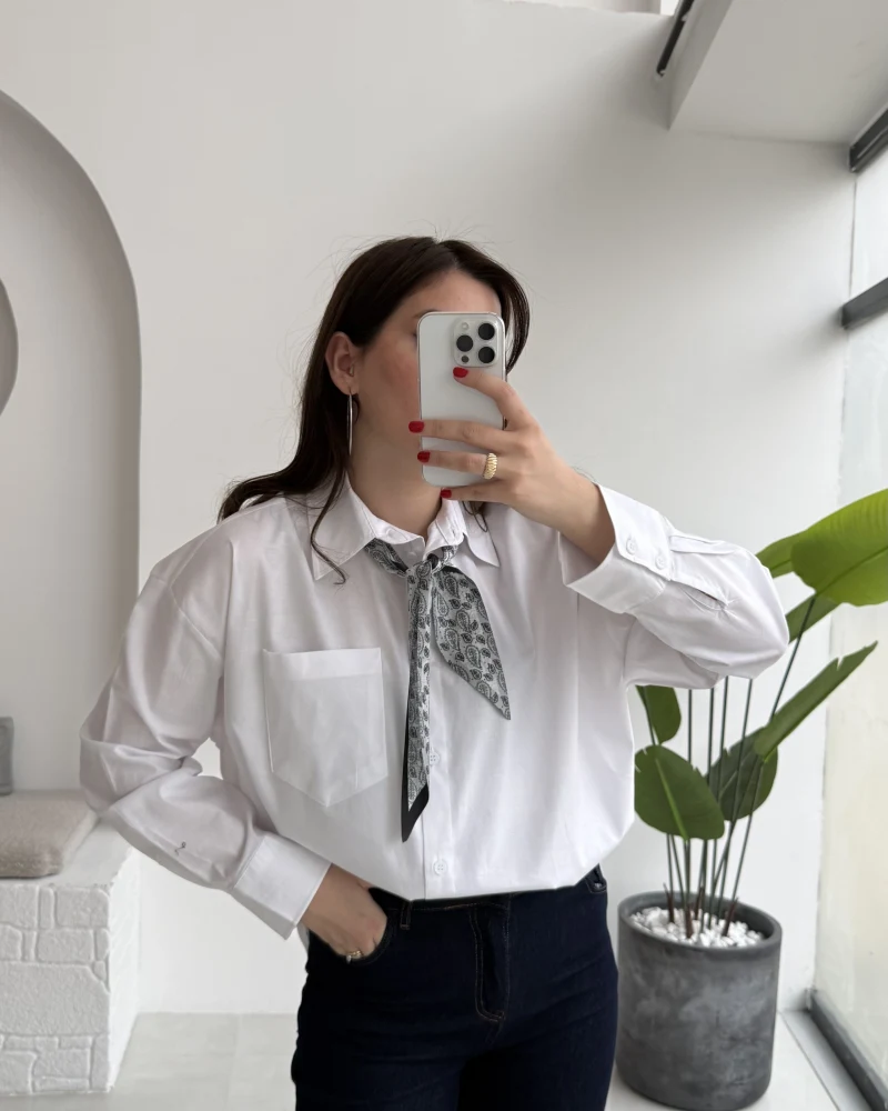 Claire Fularlı Gömlek - Beyaz - Kod: 5427