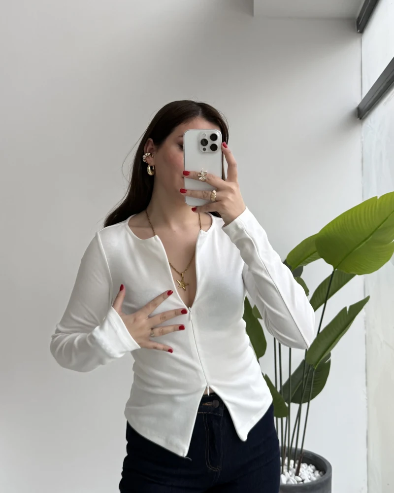 Granny Fermuar Detaylı Uzun Kollu Bluz - Ekru - Kod: 31993