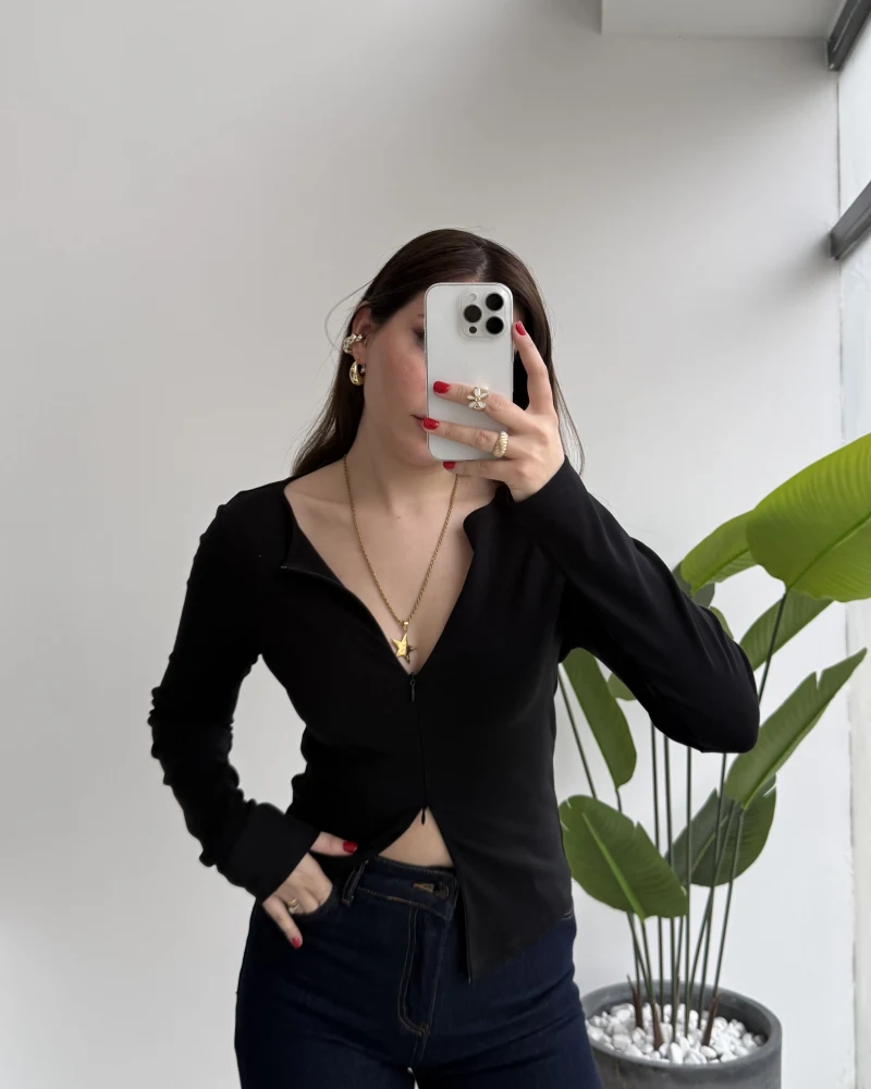 Granny Fermuar Detaylı Uzun Kollu Bluz - Siyah - Kod: 31993