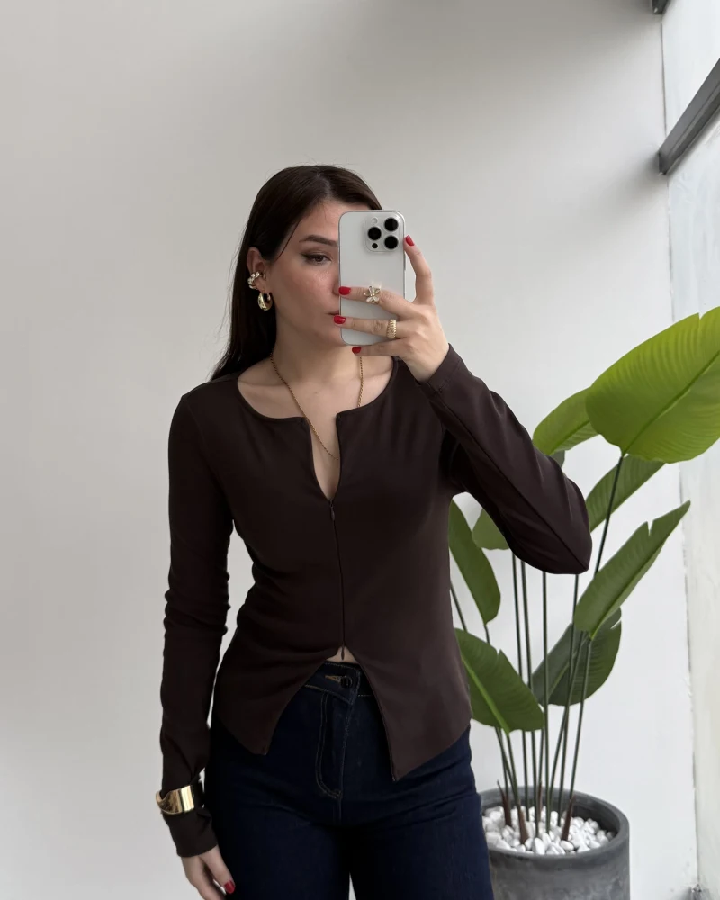 Granny Fermuar Detaylı Uzun Kollu Bluz - Koyu Kahve - Kod: 31993