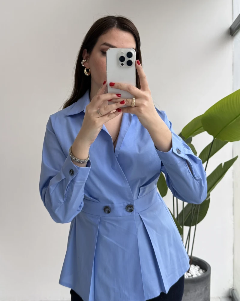 Coquette Pile Detay Düğmeli Gömlek - Mavi - Kod: 5426