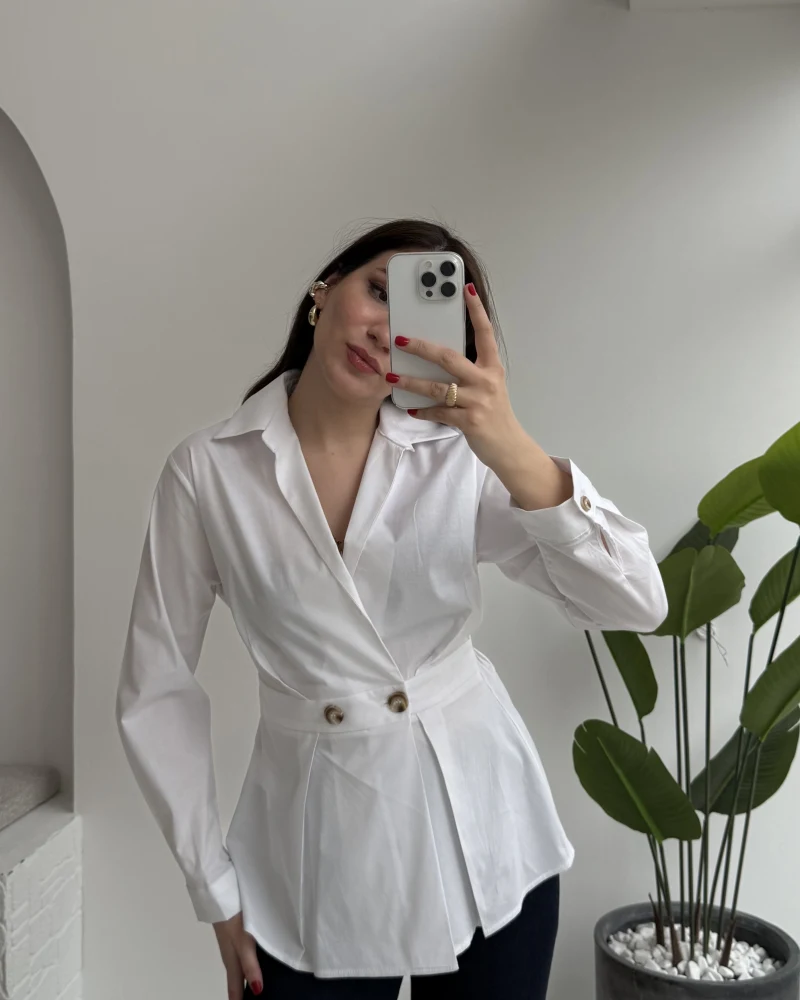 Coquette Pile Detay Düğmeli Kısa Bluz - Beyaz - Kod: 5426