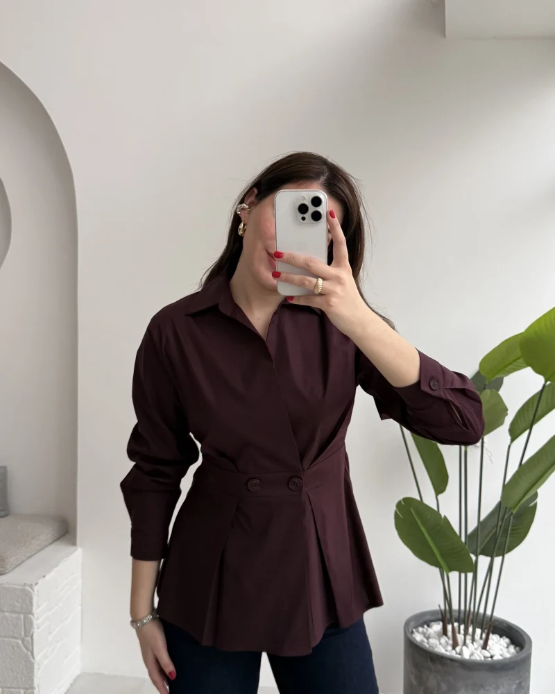 Coquette Pile Detay Düğmeli Kısa Bluz - Mürdüm - Kod: 5426