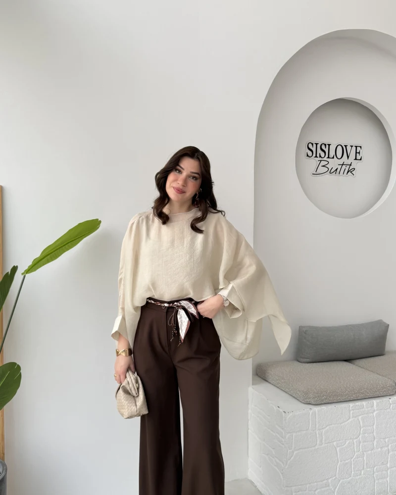 Kirsten Fular Kemerli Palazzo Pantolon - Acı Kahve - Kod: 3860