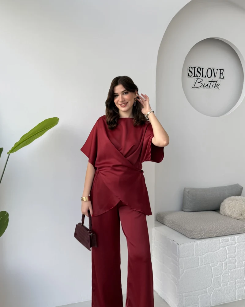 Elodia Kısa Kol Bağlamalı Saten Takım - Bordo