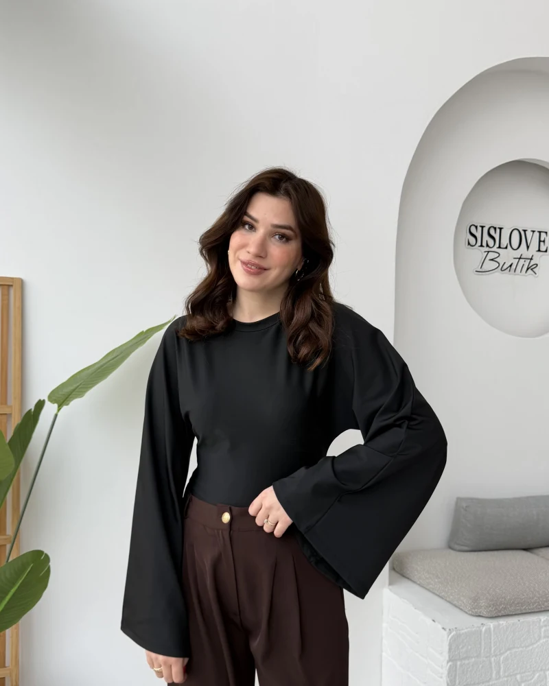 Marıs Yarasa Kol Crop Bluz - Siyah - Kod: 9128