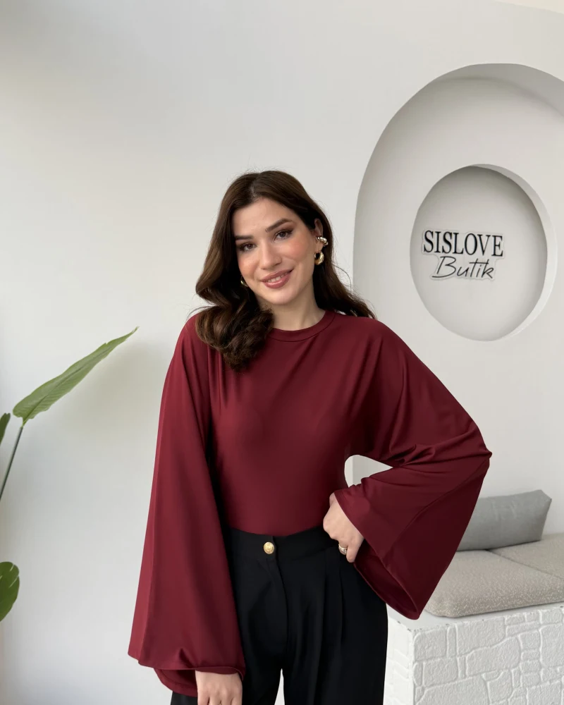 Marıs Yarasa Kol Crop Bluz - Bordo - Kod: 9128