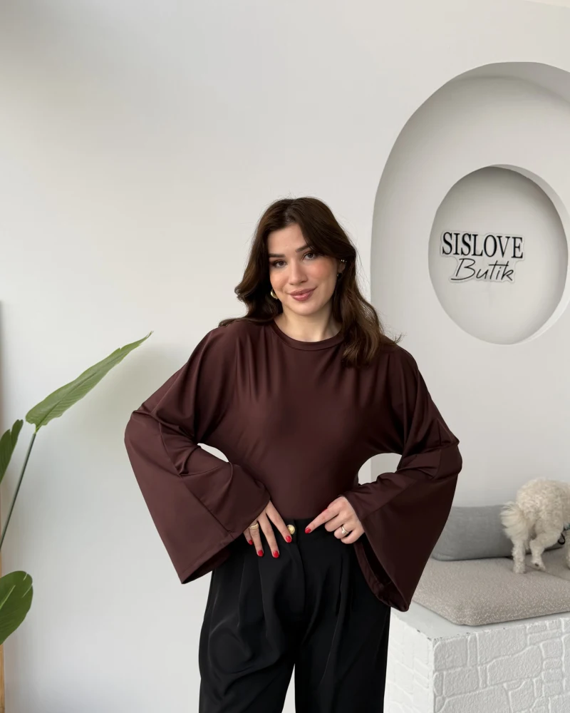 Marıs Yarasa Kol Crop Bluz - Acı Kahve - Kod: 9128