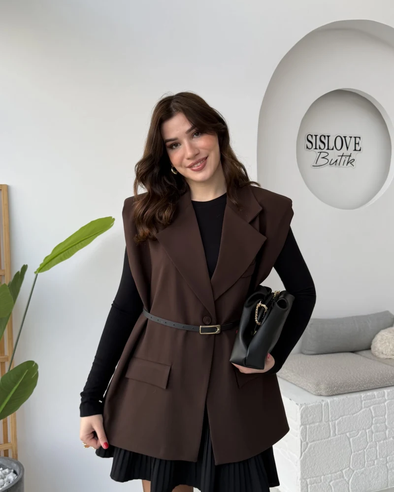 Floria Vatkalı Kemerli Yelek - Kahverengi - Kod: 7449