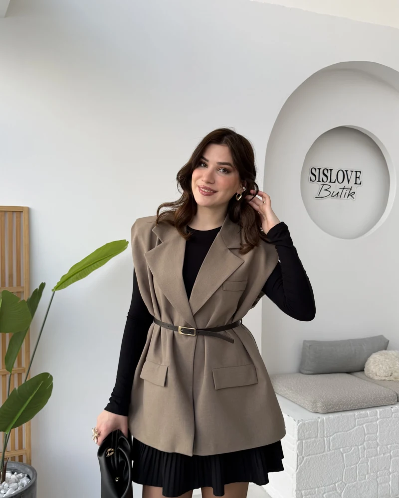 Floria Vatkalı Kemerli Yelek - Haki - Kod: 7449