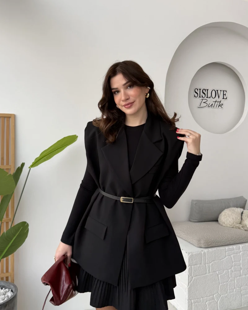 Floria Vatkalı Kemerli Yelek - Siyah - Kod: 7449