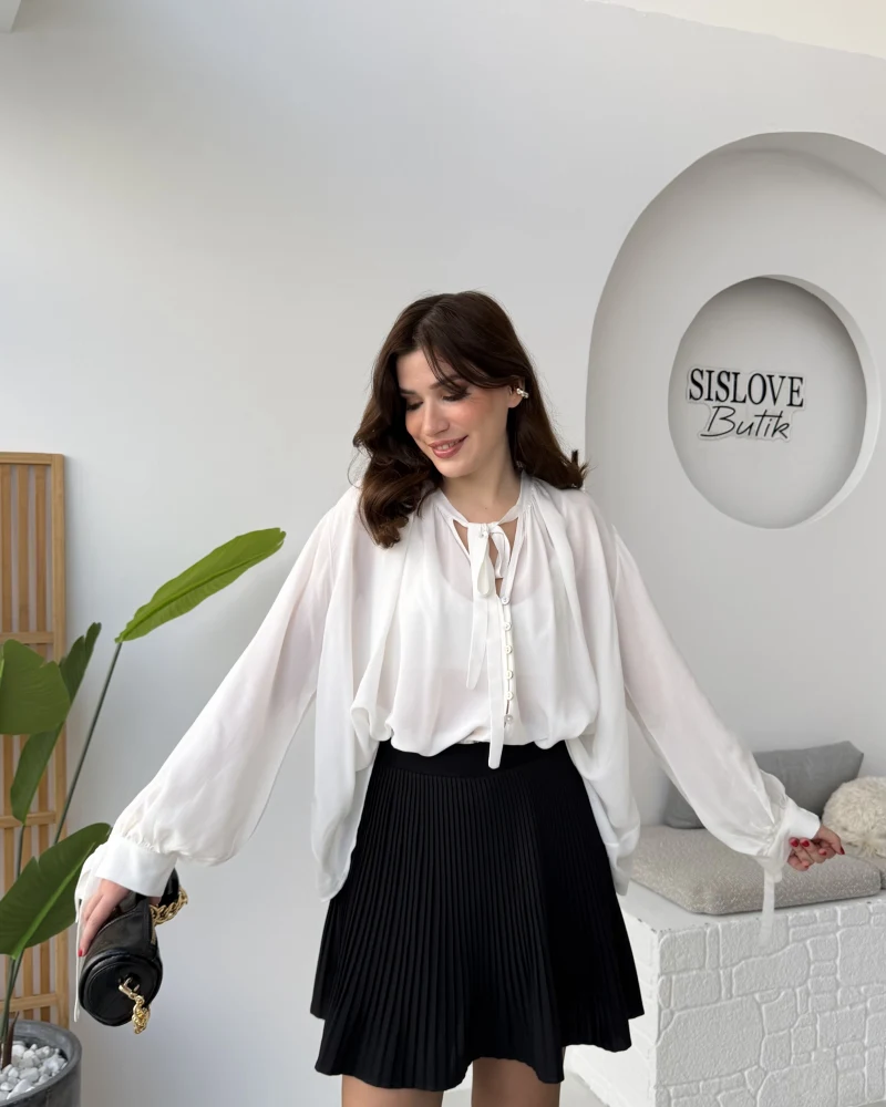 Georgia Bağlama Detaylı Dökümlü Gömlek - Beyaz - Kod: 4988