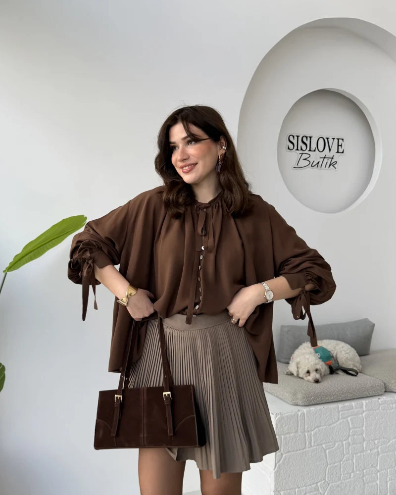 Georgia Bağlama Detaylı Dökümlü Gömlek - Acı Kahve - Kod: 4988