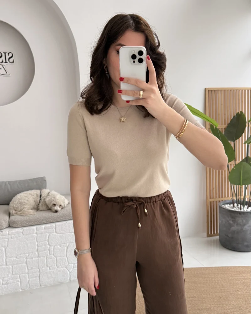 Dilvin Bisiklet Yaka Kısa Kol Triko Bluz - Açık Bej - Kod: 10779