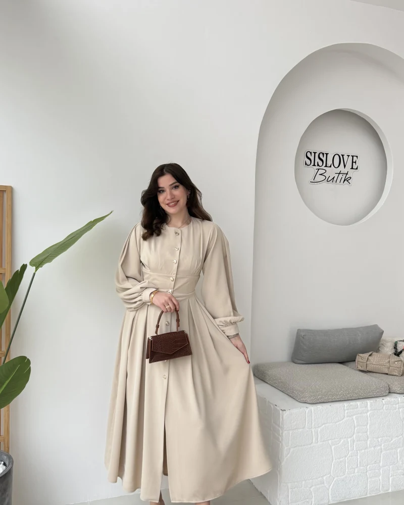 Naples Balon Kol Bel Detay Düğmeli Elbise - Taş - Kod: 2337