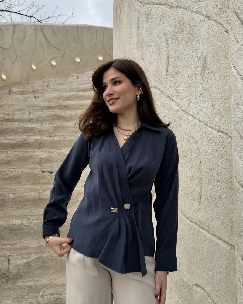 Aksesuar Detay Kimono Gömlek - Lacivert - Kod: 2203