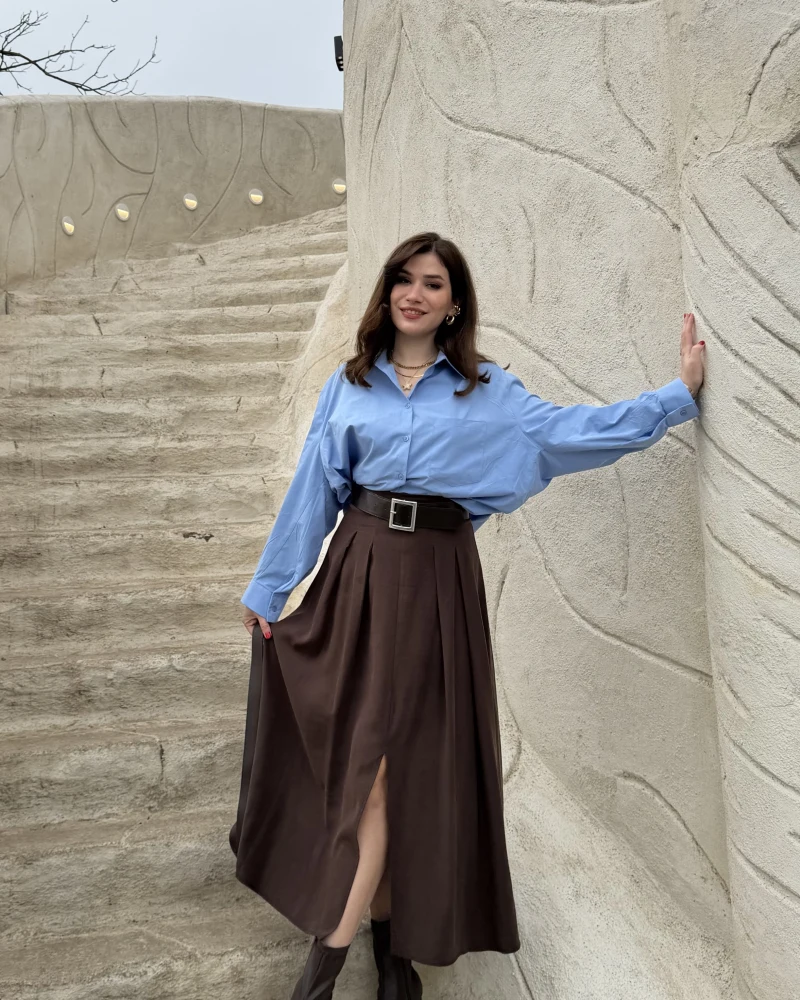 Bitter Kemerli Pileli Yırtmaç Detay Midi Boy Etek - Acı Kahve - Kod: 5043