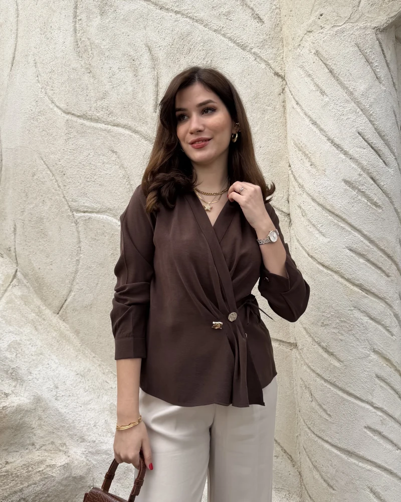 Aksesuar Detay Kimono Gömlek - Acı Kahve - Kod: 2203