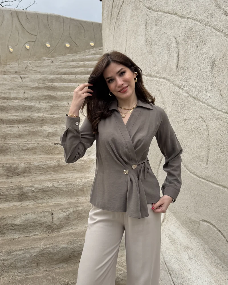 Aksesuar Detay Kimono Gömlek - Haki - Kod: 2203