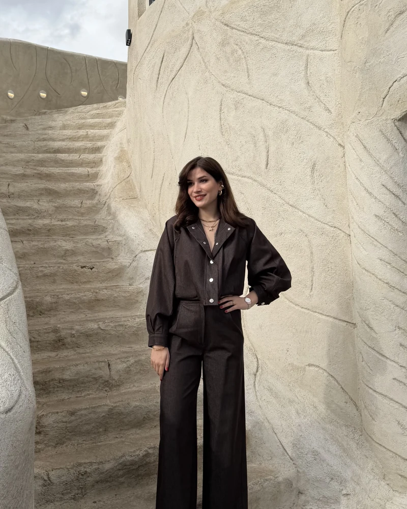 Lena Denim Bomber Ceket Pantolon Takım - Acı Kahve - Kod: 8939