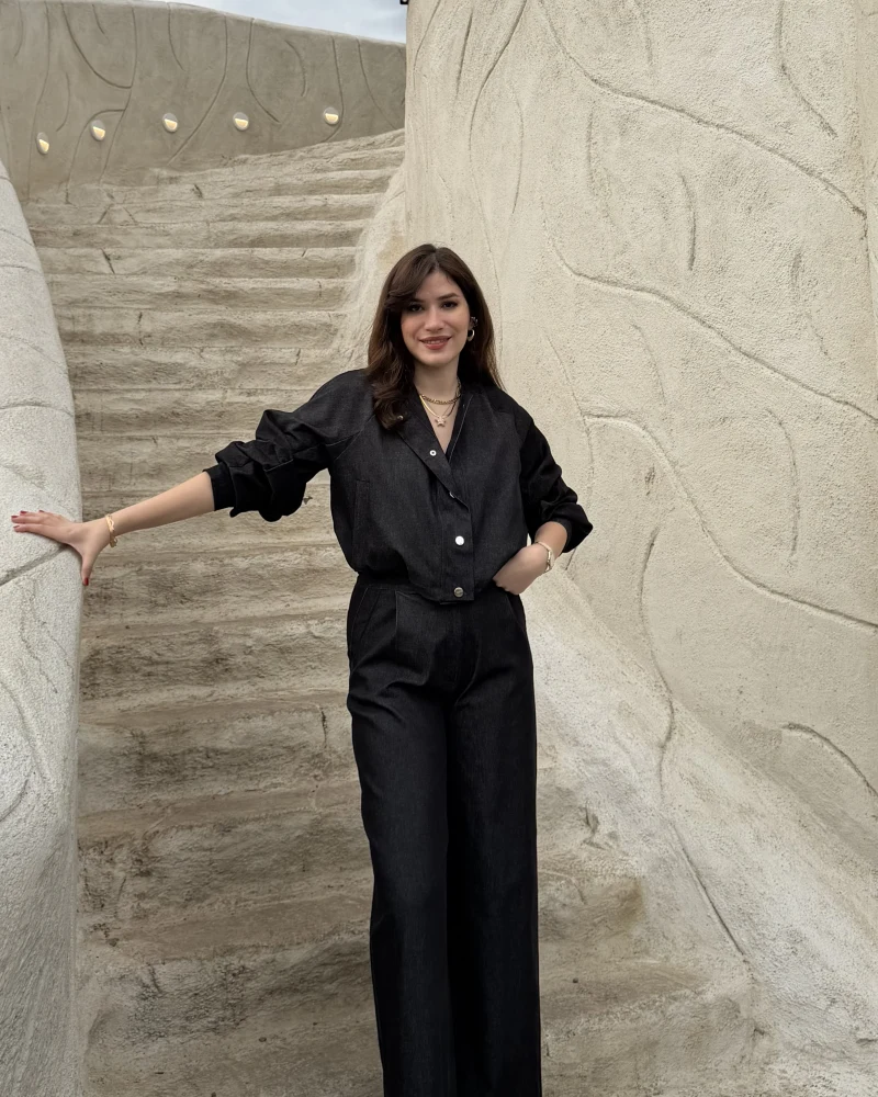 Lena Denim Bomber Ceket Pantolon Takım - Siyah - Kod: 8939