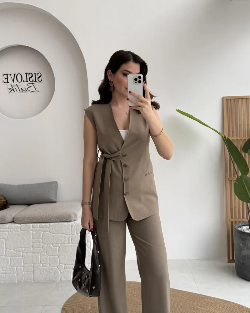 Verona Kuşaklı Yelek Takım - Haki - Kod: 8859