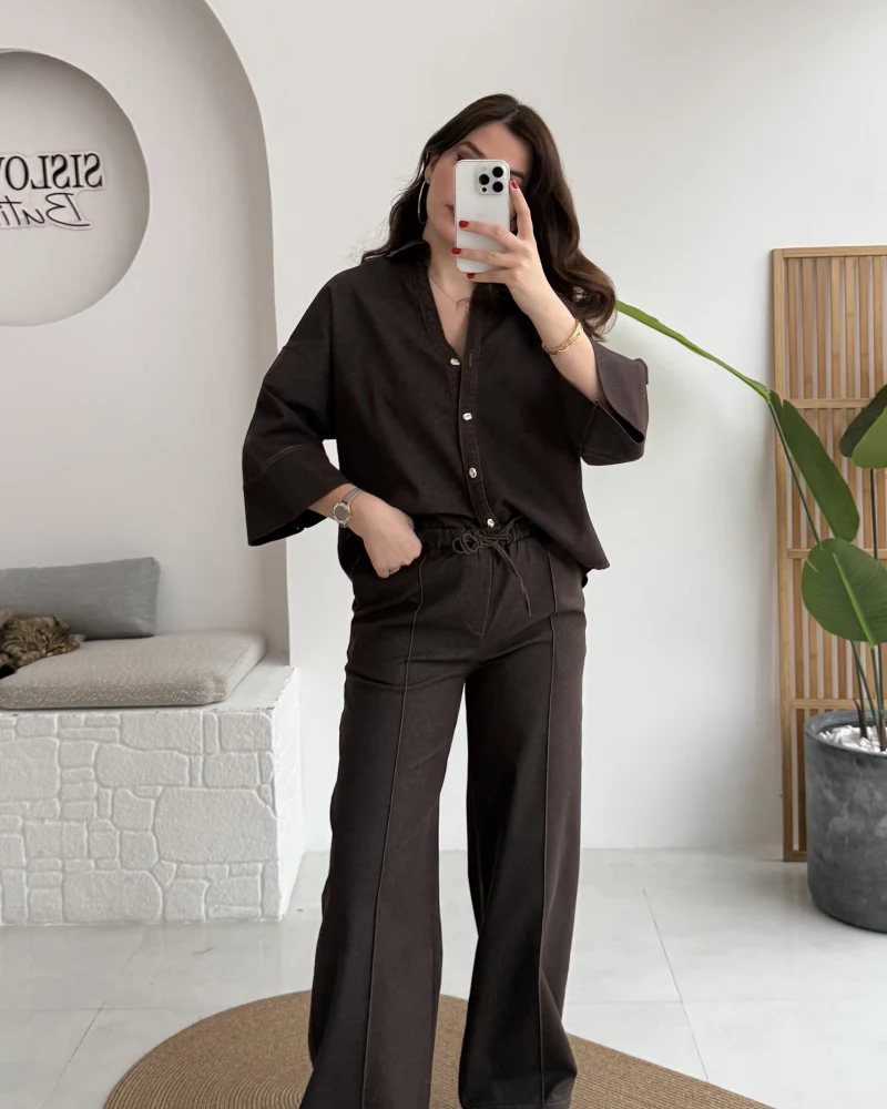 Roar Denim Gömlek-Pantolon Takım - Kahverengi - Kod: 2201 4042