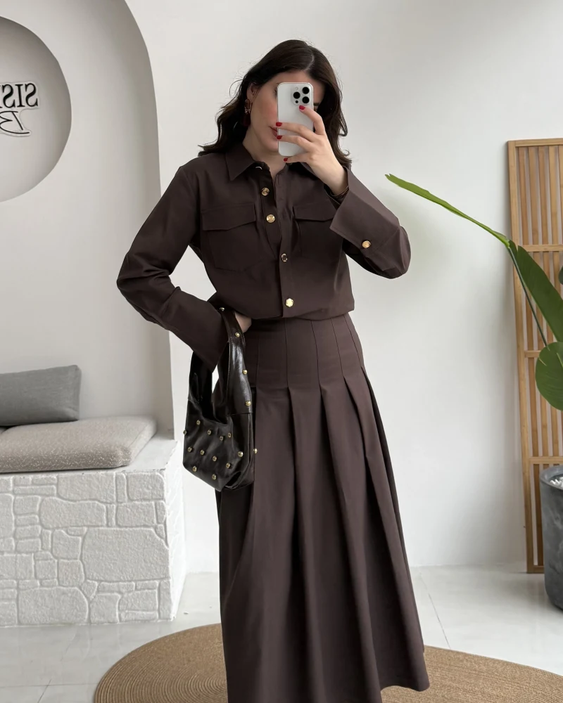 Loretta Pileli Etek Gömlek Takım - Acı Kahve - Kod: 266004