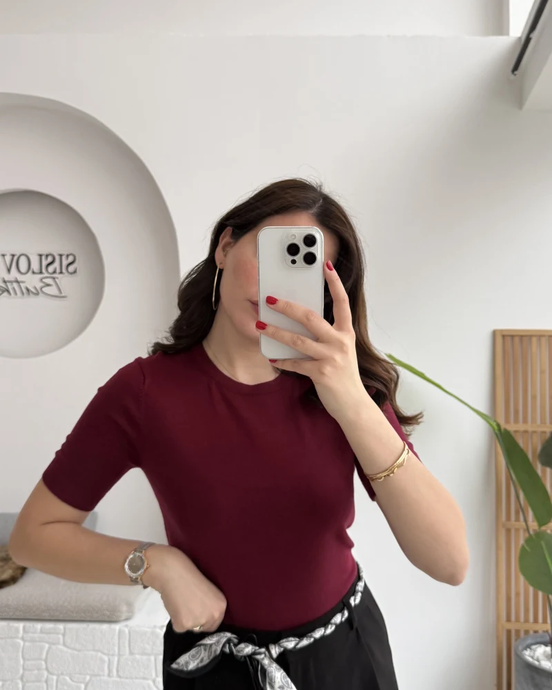 Dilvin Bisiklet Yaka Kısa Kol Triko Bluz - Bordo - Kod: 10779