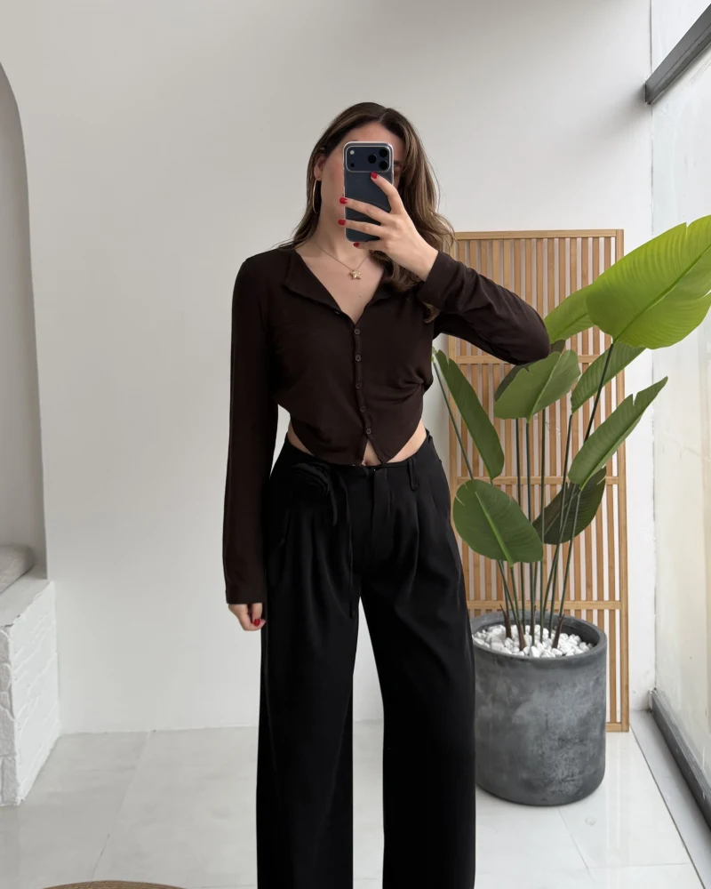 Gül Detay Bağcıklı Pantolon - Siyah - Kod: 3902