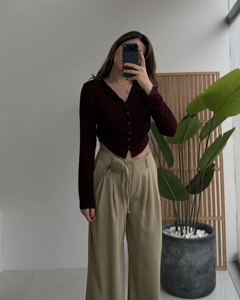 Gül Detay Bağcıklı Pantolon - Çağla Yeşili - Kod: 3902