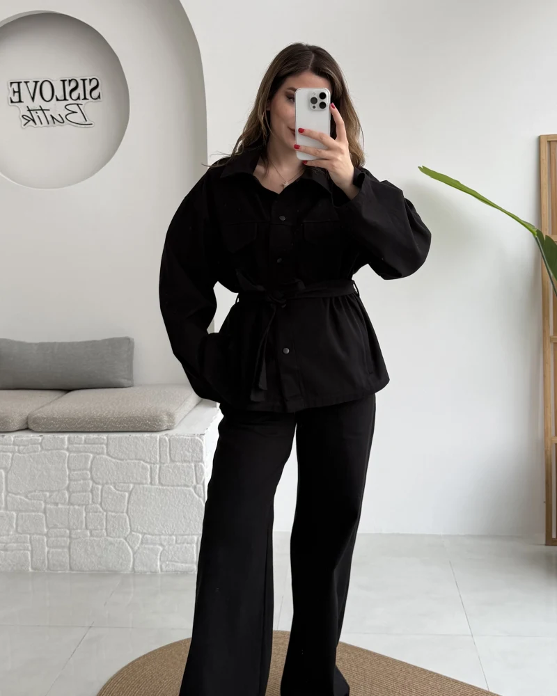 Kuşaklı Gabardin Takım - Siyah - Kod: 8897