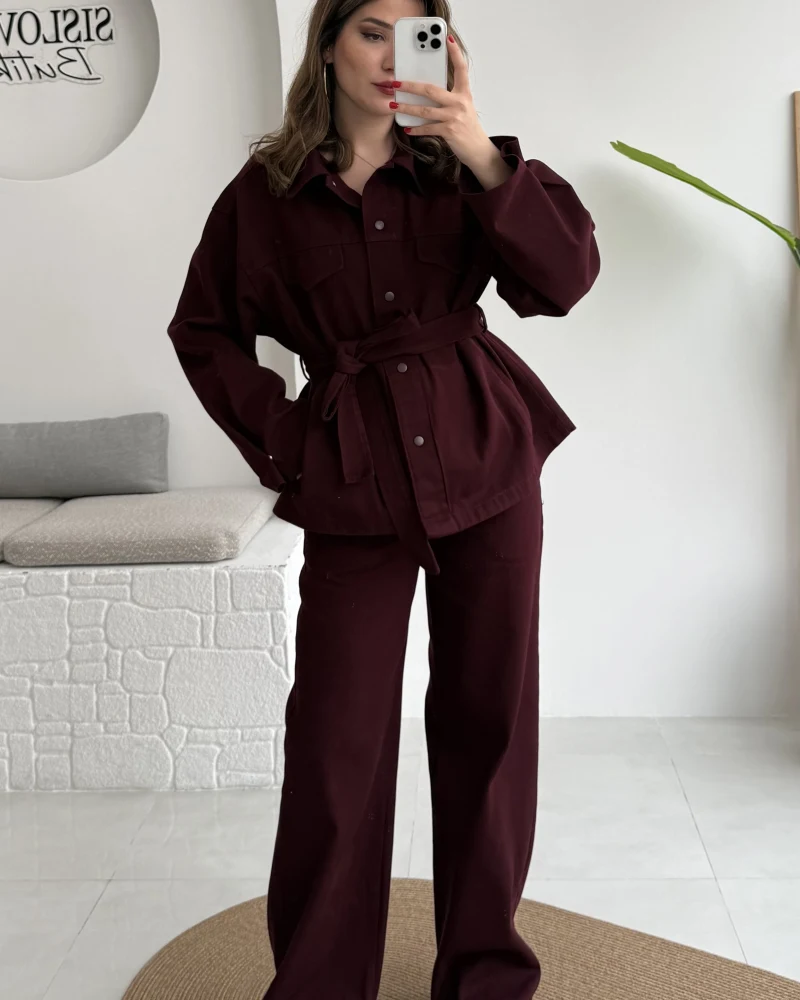 Kuşaklı Gabardin Takım - Mürdüm - Kod: 8897