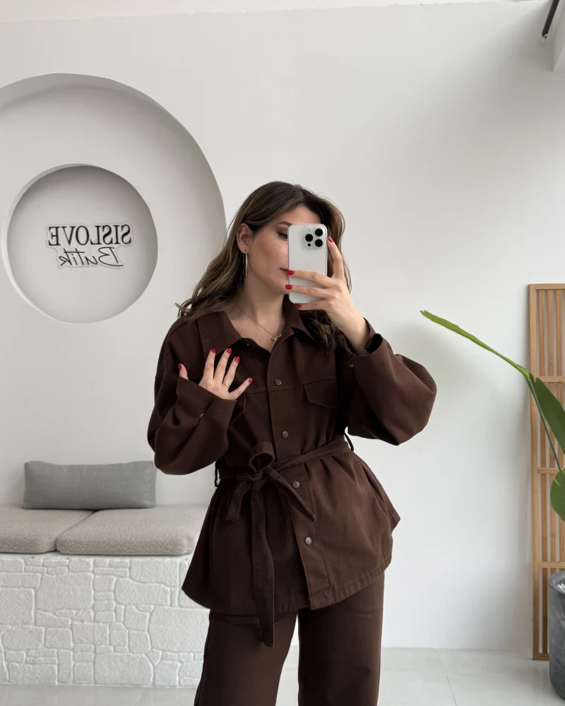 Kuşaklı Gabardin Takım - Acı Kahve - Kod: 8897