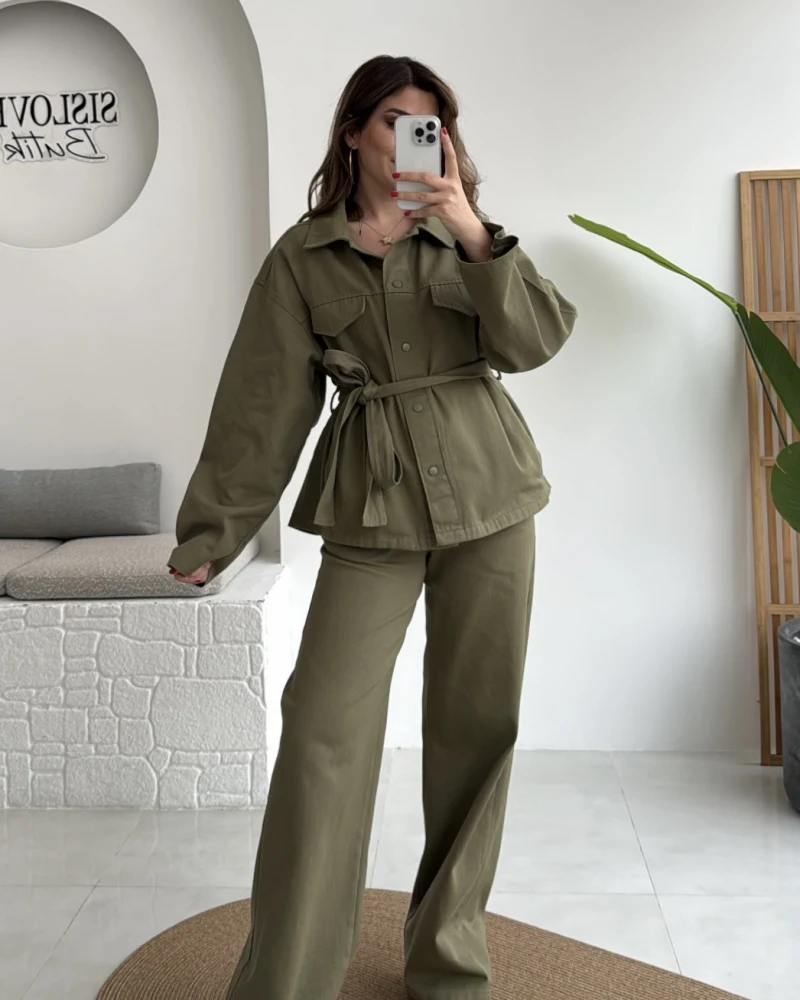 Kuşaklı Gabardin Takım - Haki - Kod: 8897