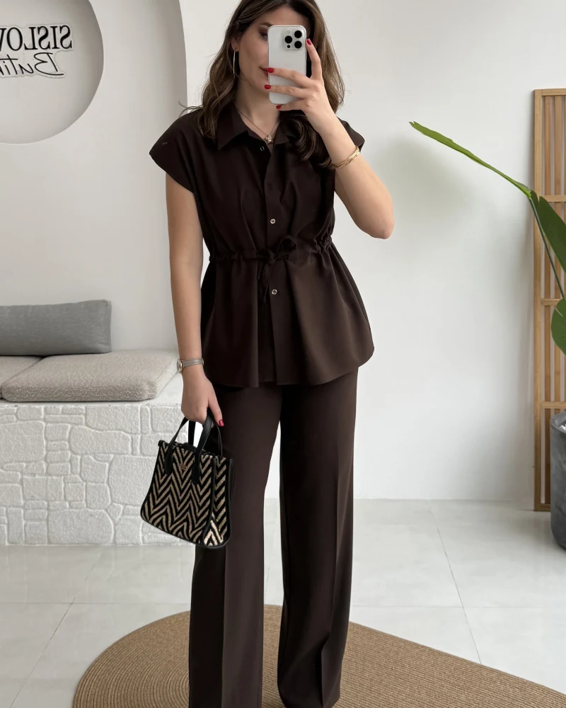 Ruby Vatkalı Sıfır Kol Kemerli Yelek Takım - Kahve - Kod: 8870