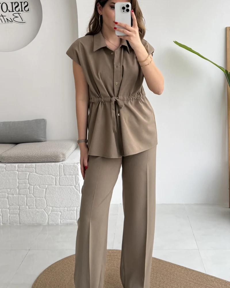 Ruby Vatkalı Sıfır Kol Kemerli Yelek Takım - Haki - Kod: 8870