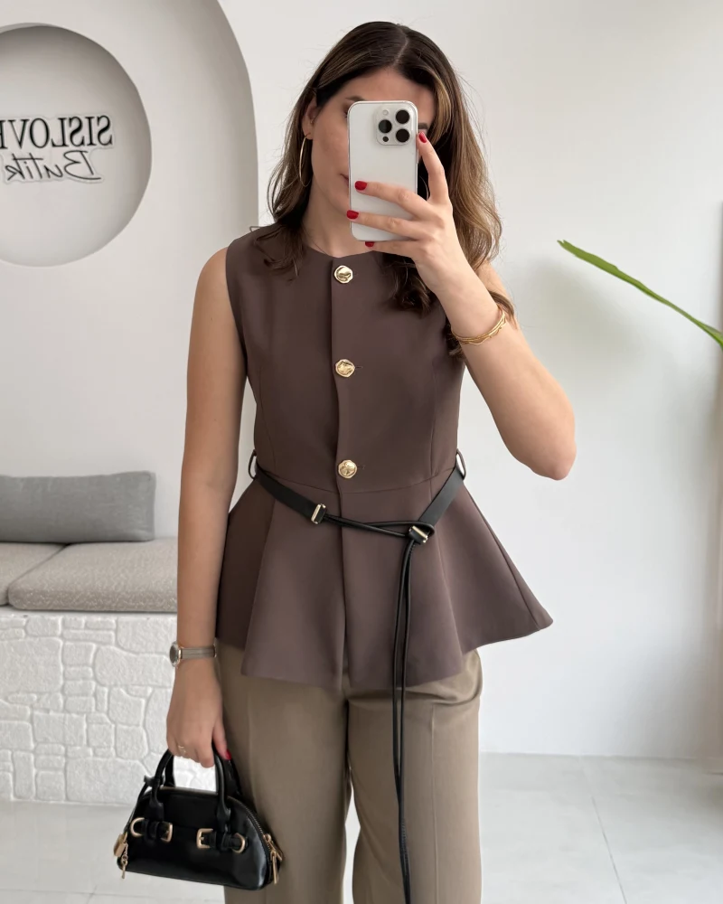 Kemer Detay Gold Düğmeli Yelek - Acı Kahve - Kod: 9682