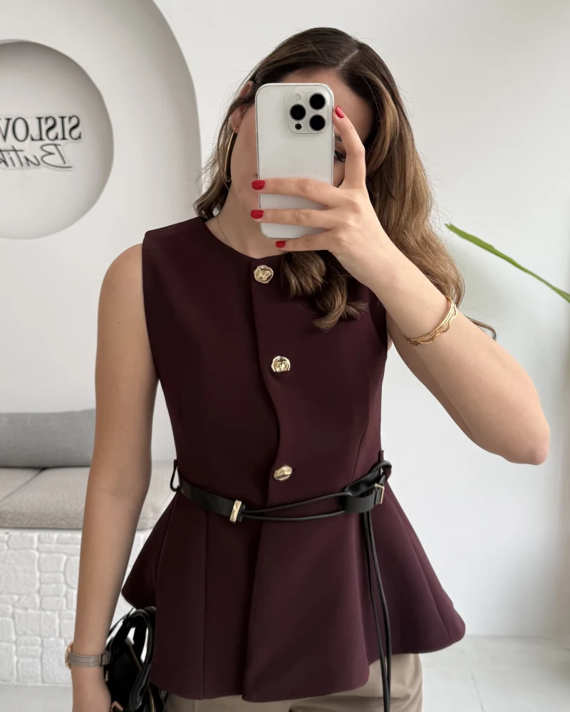 Kemer Detay Gold Düğmeli Yelek - Mürdüm - Kod: 9682